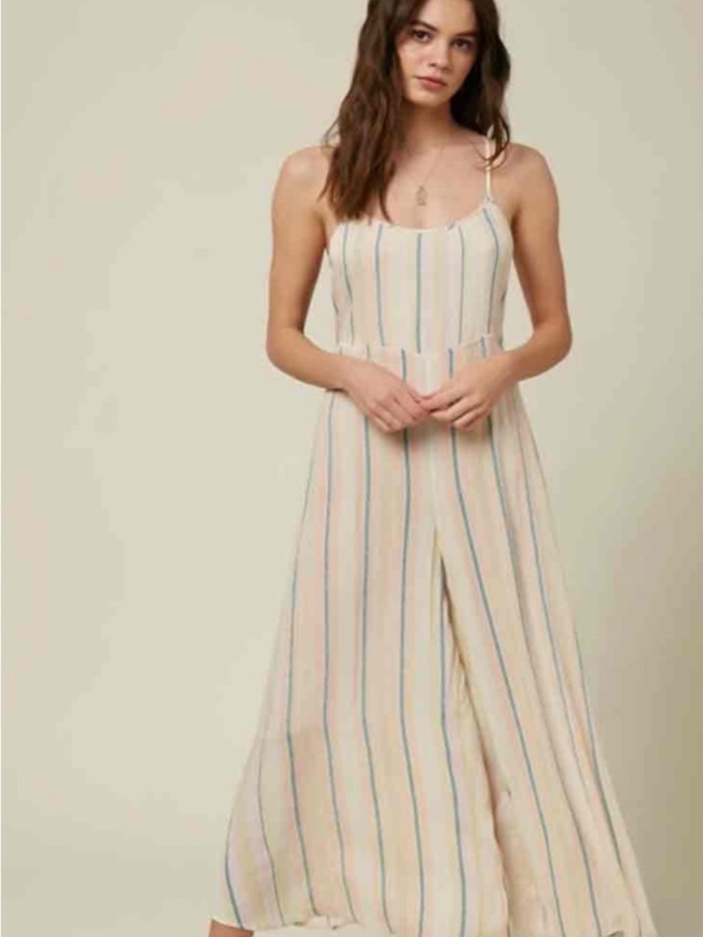 O’NeillCream Striped Wide-Leg Jumpsuit with Spaghetti Straps